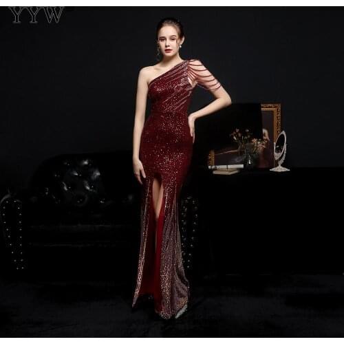 New Elegant Women Sexy Sequin Long Evening Dress One Off Shoulder High Slit Bodycon Bling Tassel Party Dresses Femme Vestidos