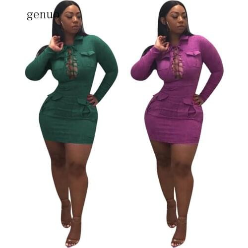 Turn Down Collar Bodycon Bandage Dress Mini Long Sleeve Ribbons Lace Up Front Cut Out Suede Sexy Club Dresses For Women Pockets