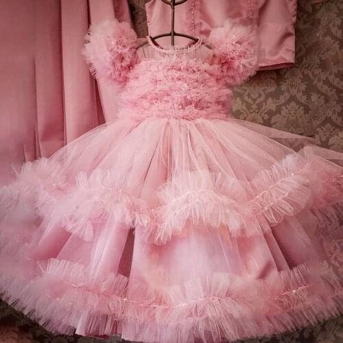 Girls Pink Pearl Petals Tutu Dress Kids Flower Dress Ball Gown with Ribbon Bow Children Wedding Party Costume Princess Dresses