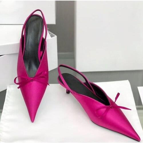 Kitten Heel Shoes women pointed toe lazy loafers runway designer bowties knot sandals candy color slingback pumps