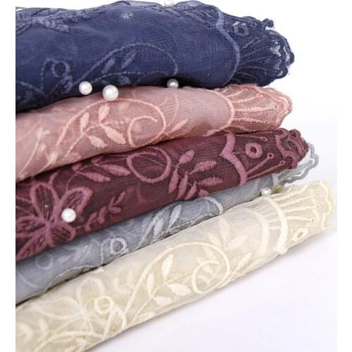 Plain Colour Lace Edges Pearl Scarf Muslim Hijabs Wrap Long Shawl Women Cotton Headscarf Islamic Soft Headband Turban 180X90cm