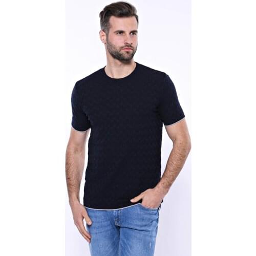 Navy Blue Patterned Tricot Knitted T-Shirt