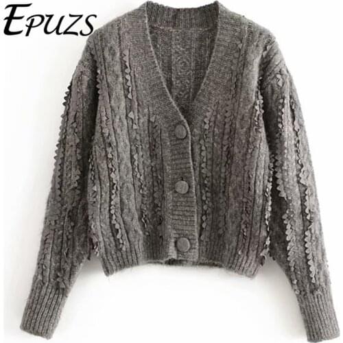 Vintage V-Neck Long Sleeve Knitted Sweater Fashion Slim Button Warm Thick Cardigan Sweater Lady Casual Loose Gray Chic Top 2020