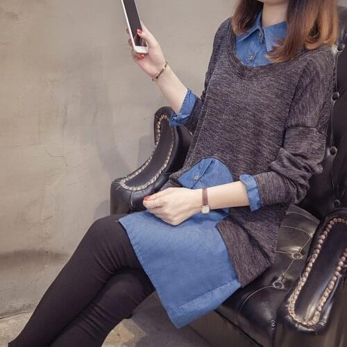 Womens Spring 2021 New Denim Stitching Fake Two Piece Knitted Shirt Top Fashion Casual Wild Female Knitwear Blouse Autumn y1510