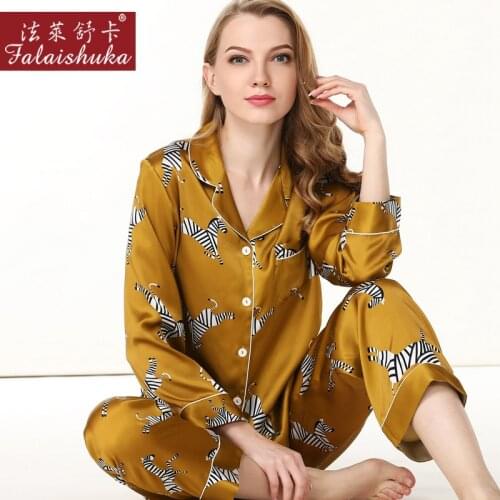 16 momme Golden Zebra 100% silk pajamas sets women Elegant long sleeve sexy pyjamas sets women Noble silk sleepwear