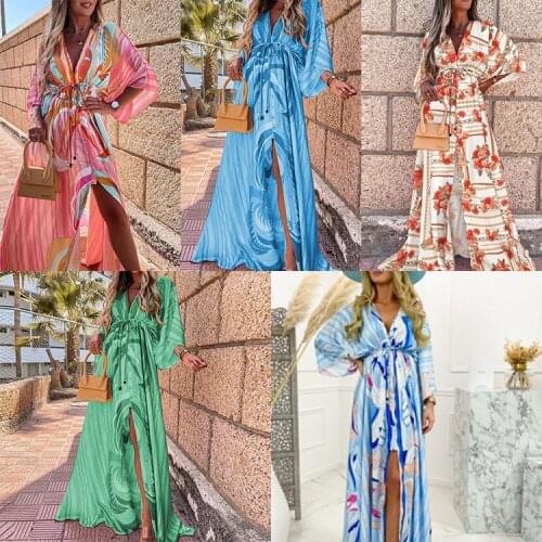 2021 spring Autumn New Sexy Dress Long Sleeve Print V Neck Long Skirt Women Fashion Streetwear Beach Dress Party Elegant Laces