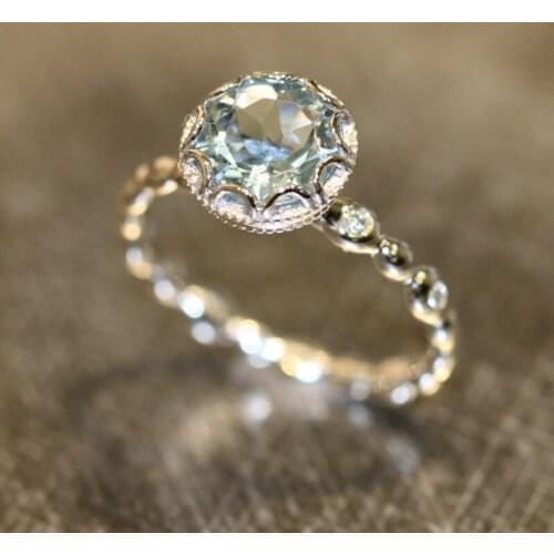 Yanleyu Romantic Blue Crystal Rings for Women Solid 925 Sterling Silver Wedding Rings for Women Engagement Jewelry Gifts PR237