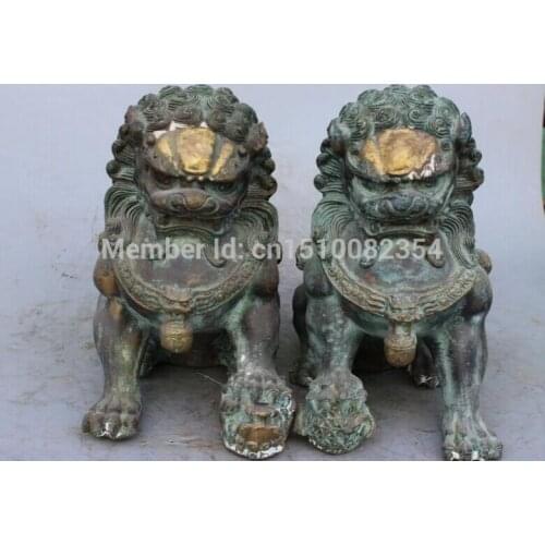 10" Chinese Bronze Gilt Fu Foo Dog Guardion Door Lion Play Ball Kid Pair Statue