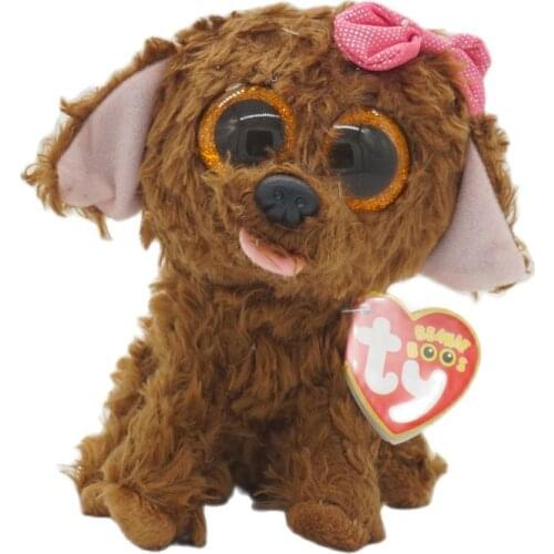 15 CM Ty Beanie Boos Big Eyes Brown Teddy Dog with Pink Bow Cute Plushie Appease Sleeping Stuffed Doll Toy Birthday Child Gift