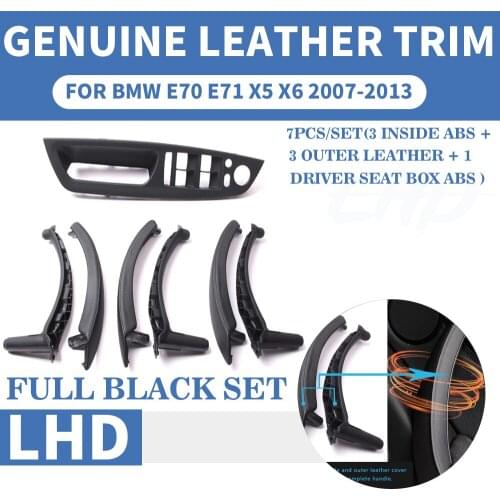 Black LHD Genuine Leather Car Front Rear / Left Right Interior Door Handle Inner Pull Trim Cover For BMW E70 E71 X5 X6 07-13
