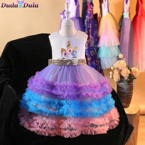 Kids Unicorn Dress for Girls Flower Appliques Ball Gown Little Girl Princess Dresses Elegant Party Costumes Children Clothing