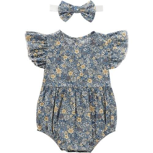Baby Girl Clothes Summer Flower Baby Girls Ruffle Romper Jumpsuit Headband 4 Color Playsuit for Newborn 3-24M