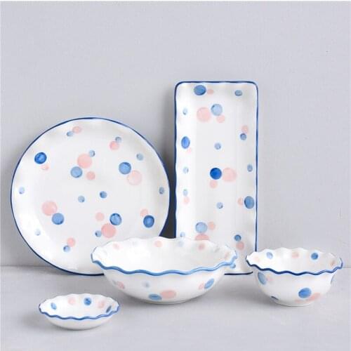 EECAMAIL Underglaze Colored Powder Blue Wave Dot Ceramic Tableware Set Dishes Home Simple Rice Bowl Soup Bowl Plate