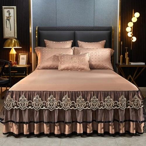 Europe Lace Embroidery Ruffle Beige Bedspread Mattress Cover Bed Cover Sheet Palace Jacquard Bedding Bed Skirt Home Bedclothes