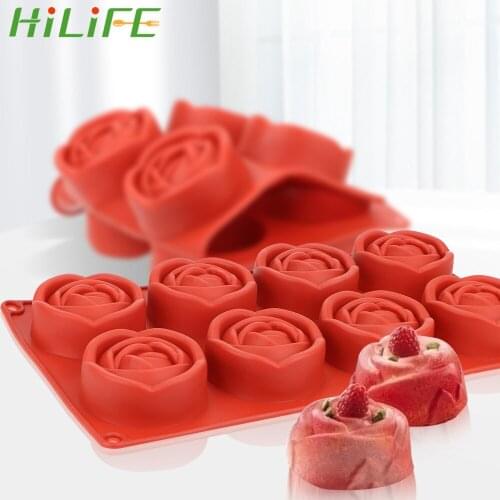 HILIFE 8 Cavity Mousse Cake Mold Pastry Tool 3D Rose Flower Bakeware Cake Decoration Tool Rose Chocolate Mould Silicone DIY