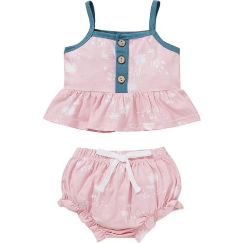 Baby Girls 2PCS Summer Outfits Sleeveless Tree Print Strap Button Tops + Shorts Set 0-24M Children Outfits