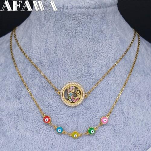 AFAWA Mum Baby Stainless Steel Layered Necklace Multicolor Turkish Eye Necklace Jewelry Mothers Day Gift colares feminino N61S