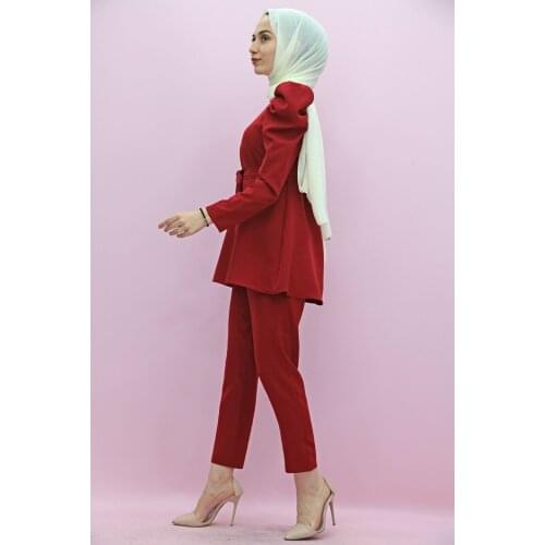 Muslim Women Hijap Dubai Balloon Sleeve Hijab Suit Claret Red