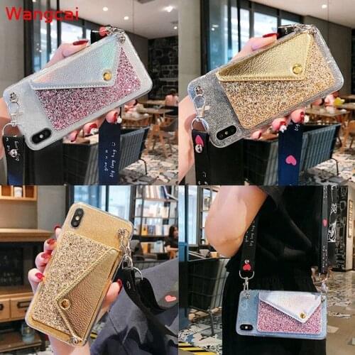 For iPhone 12 11 Pro XS Max XR X 8 7 6 6S Plus 5s 5 SE 5C 4 4S Phone Case Wallet Card Glitter Bling Lanyard Soft Case Cover