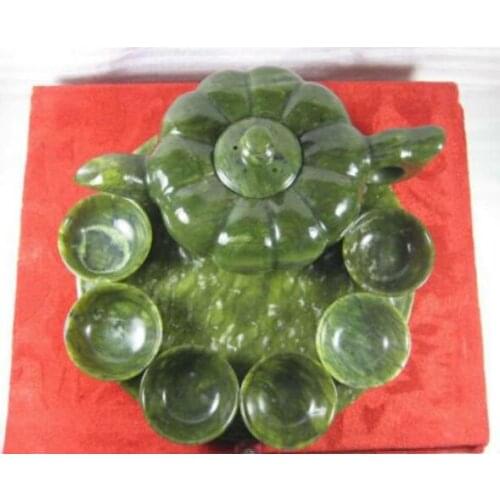 Chinese Handwork Carving Green Jade Teapot Set 1 Pot 1 Plate Cup fast Shipping