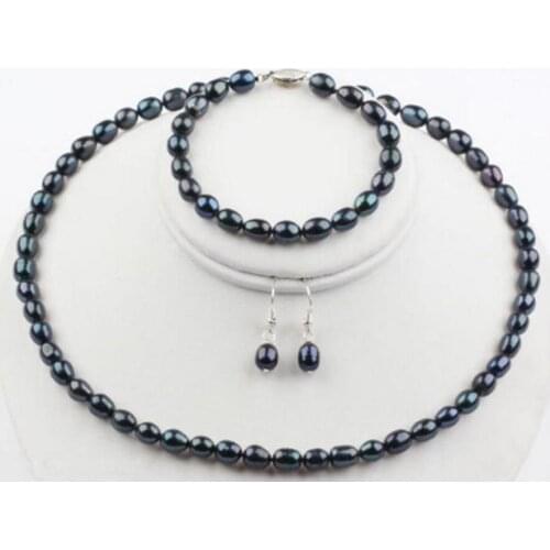New hot 7-8mm Natural Black Rice Freshwater Pearl Necklace Bracelet Earrings Jewelry Set