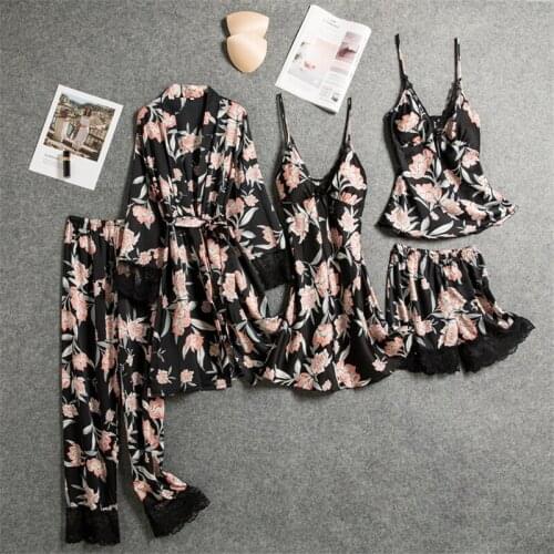Home service ladies sexy pajamas 5PCs seductive nightgown Korean printed Spaghetti Strap night dress with chest pad sleepwear