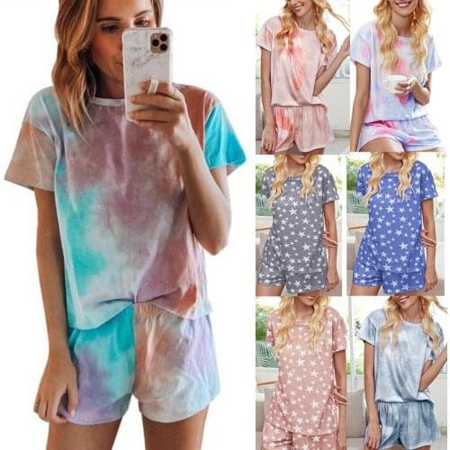 Spring Summer 2021 European American Womens Pajamas Clothing Tie Dye Gradient Nightwear Short Sleeve Home Suit Sleep Wear