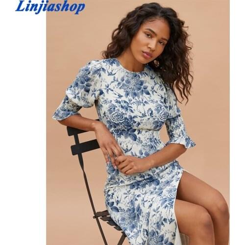 Linjiashop summer Women French Flowers Print Dress Chic Elastic Flare Sleeve Ladies Slim Split Long Dress Vestidos