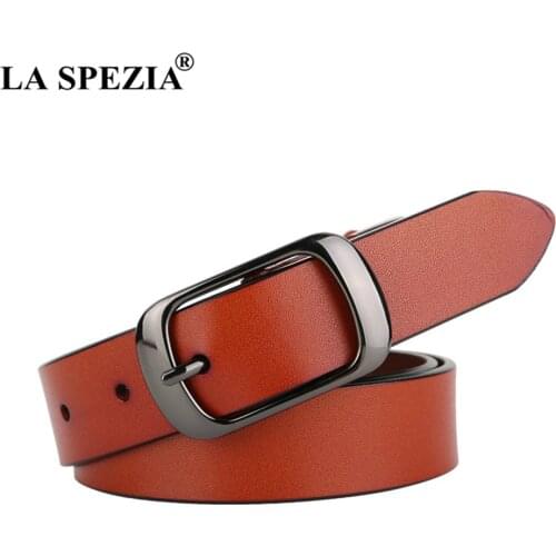 LA SPEZIA Brown Belt Women Cowskin Pin Buckle Genuine Leather Belts for Trousers High Quality Casual Solid Women Belt 105 110