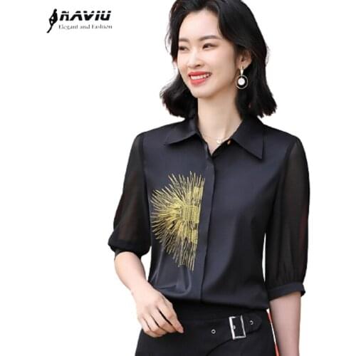 High End Black Shirt Women Summer New 2021 Fashion Temperament Half Sleeve Formal Blouses Office Ladies Work Tops
