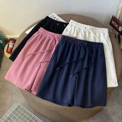 Women Summer High Waist Wide Leg Short Pants black Knee Length Pants Drawstring Korean pure cotton casual loose Holiday Trousers