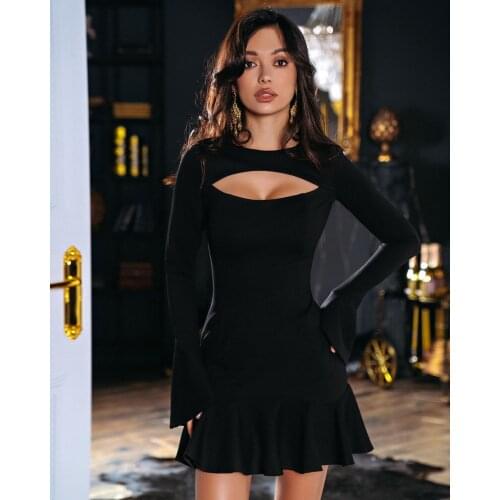 Swtao New Sexy Women Hollow Out Long Sleeve Fishtail Trumpet Black Bandage Dress 2021 Bodycon Evening Club Party Dress Vestido