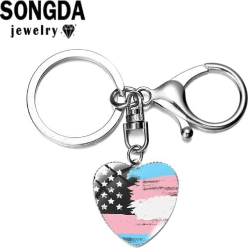 SONGDA LGBT Rainbow Pride Flag Bisexual Pride Lesbian Pride Metal Keychain Glass Cabochon Heart Charm Keyring Hand Craft Jewelry