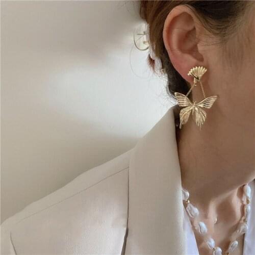 TIMEONLY Retro Gold Color Butterfly Earrings for Women Female Metal Alloy Layed Simulation Wing Big Drop Earrings Party Jewelry