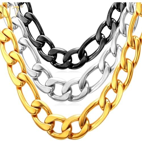 U7 Gold Color Necklace Men Chain Jewelry Black Wholesale 5 Sizes 12MM New Trendy Big Figaro Chain Necklace N547