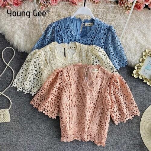 Young Gee Shor Sleeve Blouse Womens Tops Shirts Lace 2021 Summer Fashion White Hollow Out sexy Office Lady Floral V-neck blusas