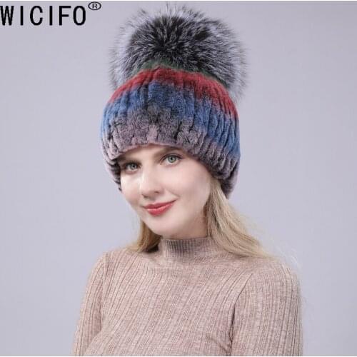 Womens Bomber Real fur Hat for women Rabbit fur hats and fox fur Fluffy beanies fashion Knitted cap warm Protection Ear for wom