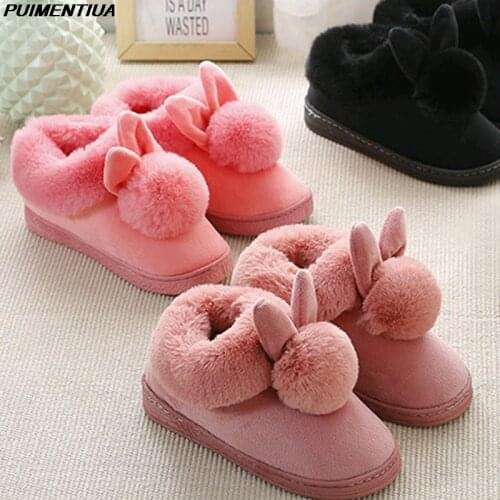Puimentiua Fur Rabbit Ears Women Home Slippers Cartoon Lovely Slip On Thick Soled Winter Warm House Shoes Ladies Girls Indoor