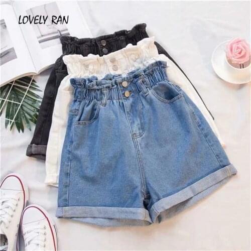 High Waist Womens Denim Shorts Plus Size Girls Shorts Elastic Ruffled Female Jeans Short 2021 Summer Solid Sweet Lady Bottoms