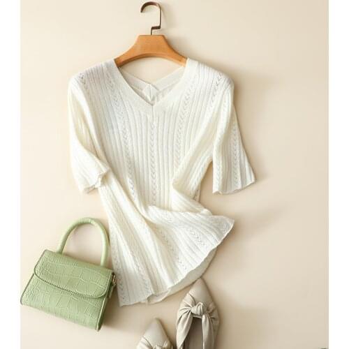 Spring summer new v neck short sleeve ribbed knit100% cashmere sweater pullover for women