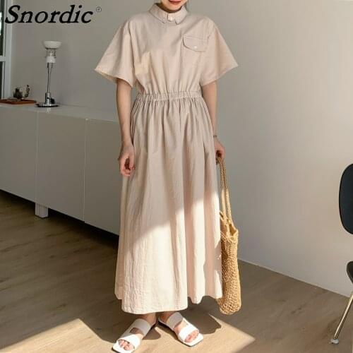 2021 Women Summer Elegant Long Cotton Linen Dress Stand Collar Elastic High Waist A-line Maxi Pullover Sundress