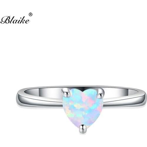Blaike Mystic Fire White/Blue Opal Stone Rainbow Zircon Heart Rings For Women Fashion White Gold Filled Birthstone Ring