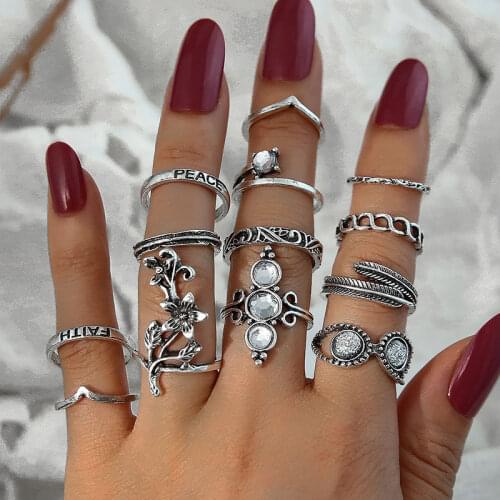 Bohemian Hollow Water Drop Pattern Vintage Ring Set Crystal Flower Leaf Hand Ring For Women Gift