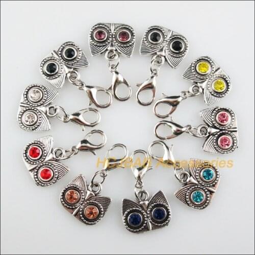 10 New Owl 13x15mm Charms Mixed Round Crystal Tibetan Silver Plated Retro With Lobster Claw Clasps