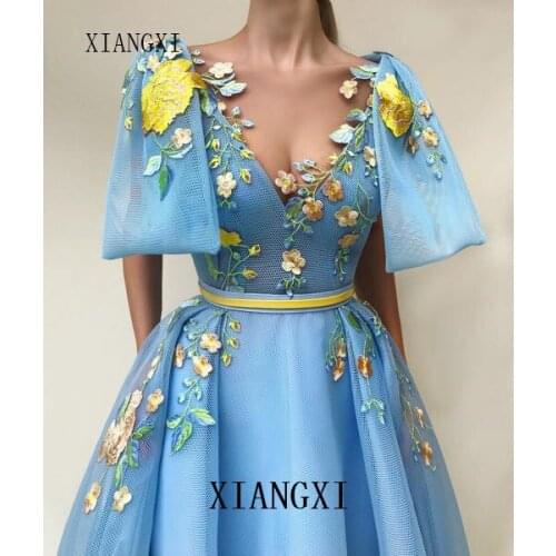 2020 Bleu ciel robes de soirée musulmanes sangle Spaghetti jaune dentelle islamique dubaï saoudien arabe longue élégante