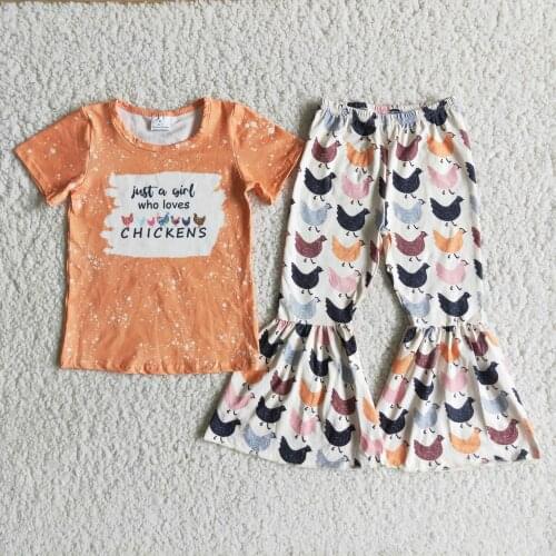 2021 Farm Chicken Outfits Lovely RTS wholesale fashion boutique set toddler girls short sleeve and bell bottoms