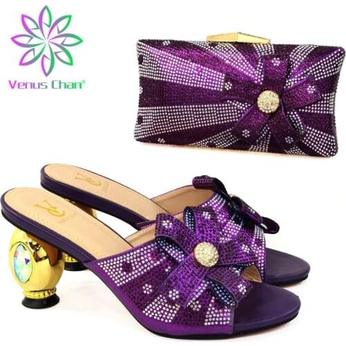 2021 Italian Design Lastest Fashion Crystal Style Hot Selling Women Shoes and Bag Set Decorated With Rhinestone in Purple