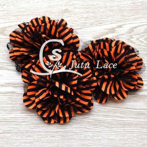 60 pcs / lots , 3 .75 lace chiffon flowers for halloween , orange / black chiffon flowers for hair accessories
