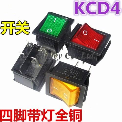 Free shiiping 20PCS KCD4 Rocker Switch red black yellow ON-OFF 2 Position 4 Pins With Light Power Switch 16A 250VAC/ 20A 125VAC