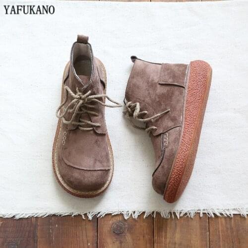 Literary Retro Suede Round Toe Lace-Up Thick-Soled Big Head Shoes Handmade Casual Short Boots Mori Harajuku Women Ankle Boots